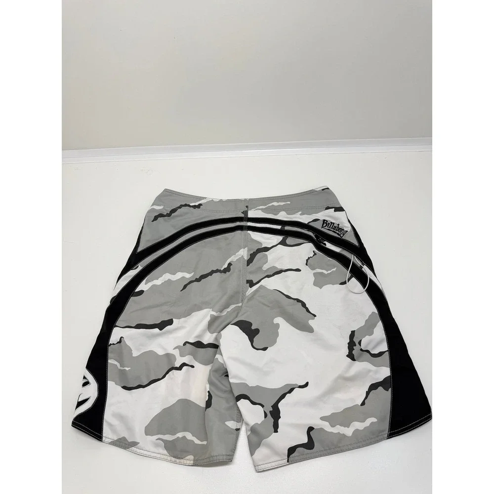 Vintage Billabong Y2K Camo Board Shorts Size 36 Gray White Black Surf Swim Trunk